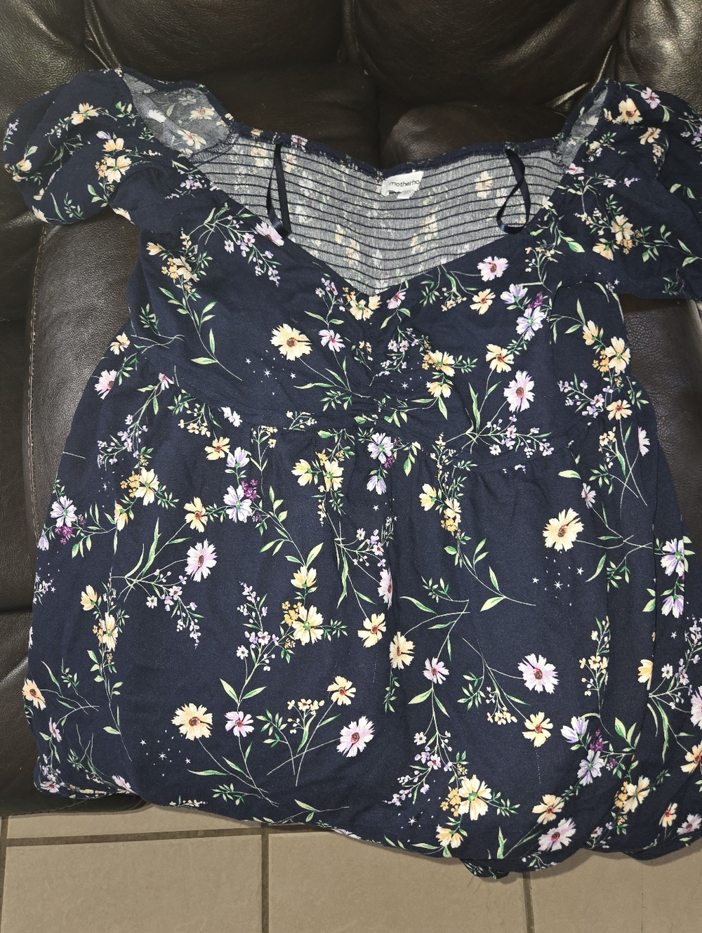 Motherhood Navy Floral Blouse with Puff Sleeves